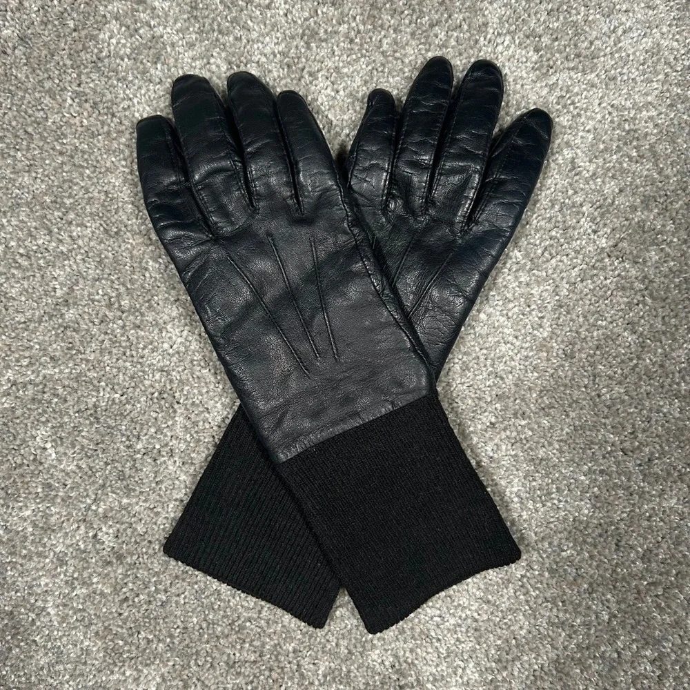 Fownes Black Genuine‎ Leather Gloves with Ribbed Knit Cuffs Size 7.5
